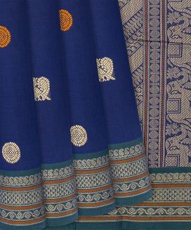Blue Handloom Kanchi Cotton Saree With Annam Motifs
