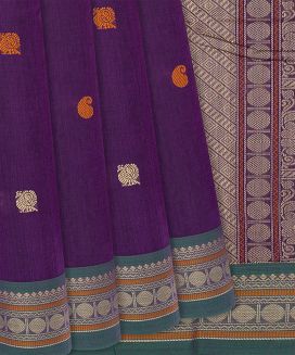 Purple Handloom Kanchi Cotton Saree With Annam Motifs
