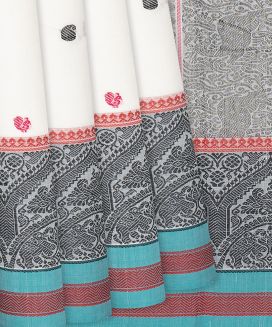 White Handloom Kanchi Cotton Saree With Mango & Anna, Motifs
