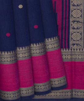 Dark Blue Handloom Kanchi Cotton Saree With Kamalam Motifs
