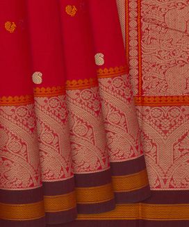 Red Handloom Kanchi Cotton Saree With Annam Buttas
