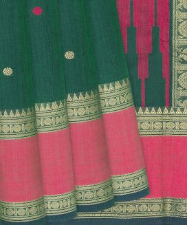 Dark Green Handloom Kanchi Cotton Saree With Kamalam Motifs
