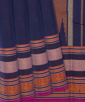 Navy Blue Handloom Plain Kanchi Cotton Saree 
