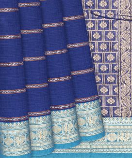 Blue Handloom Kanchi Cotton Saree With Beldari Stripes
