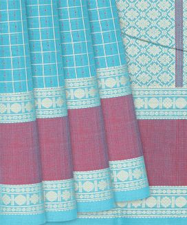 Turquoise Handloom Kanchi Cotton Saree With Checks
