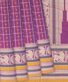 Purple Handloom Kanchi Cotton Saree With Checks
