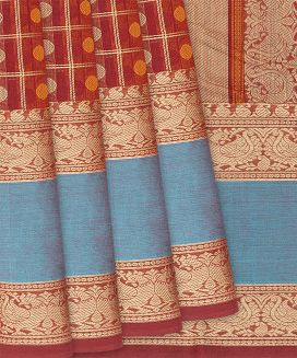Red Handloom Kanchi Cotton Saree With Checks
