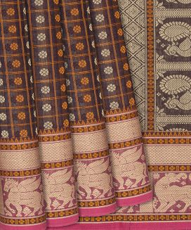 Brown Handloom Kanchi Cotton Saree With Kamalam Checks
