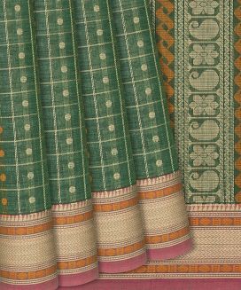 Green Handloom Kanchi Cotton Saree With Coin Motif Checks
