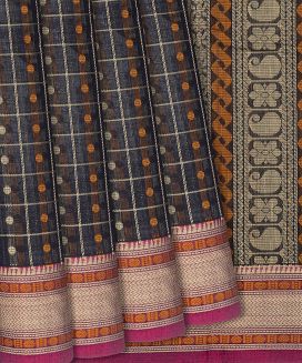 Black Handloom Kanchi Cotton Saree With Coin Motif Checks
