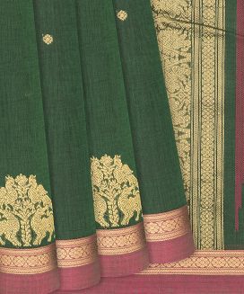 Green Handloom Kanchi Cotton Saree With Kamalam Buttas
