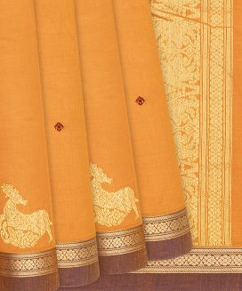 Mango Yellow Handloom Kanchi Cotton Saree With Deer Motifs
