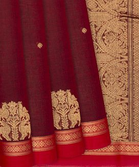 Crimson Handloom Kanchi Cotton Saree With Kamalam Buttas
