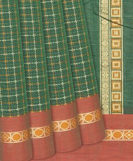 Green Handloom Kanchi Cotton Saree With Dotted Checks
