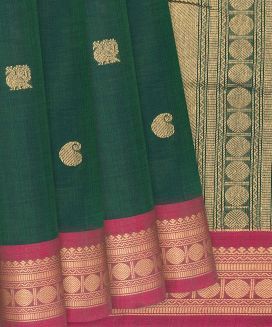 Dark Green Handloom Kanchi Cotton Saree With Mango Buttas
