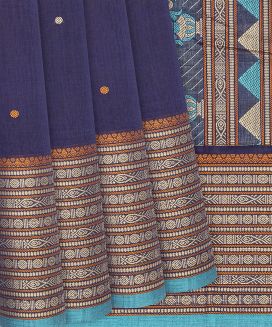 Navy Blue Handloom Kanchi Cotton Saree With Buttas

