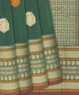 Green Handloom Kanchi Cotton Saree With Mango Motifs
