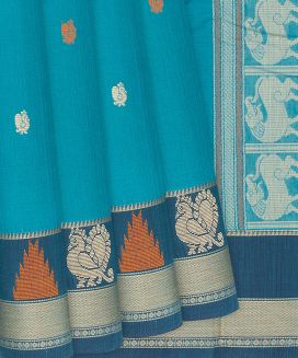 Turquoise Handloom Kanchi Cotton Saree With Annam Buttas
