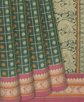 Green Handloom Kanchi Cotton Saree With Kamalam Motifs
