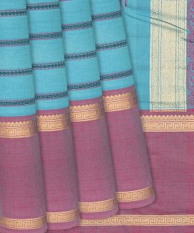 Turquoise Handloom Kanchi Cotton Saree With Stripes
