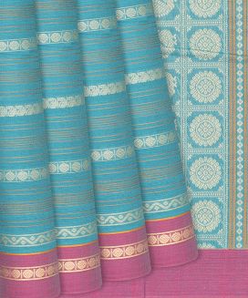 Turquoise Handloom Kanchi Cotton Saree With Mango Stripes
