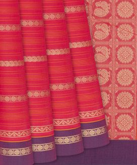 Red Handloom Kanchi Cotton Saree With Stripes
