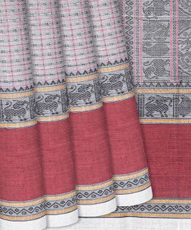 Grey Handloom Kanchi Cotton Saree With Dotted Checks

