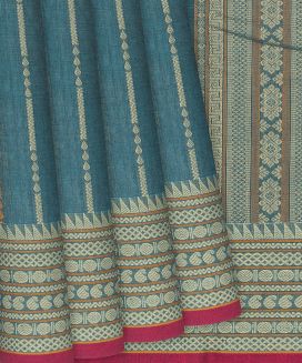 Teal Handloom Kanchi Cotton Saree With Stripes
