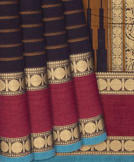 Black Handloom Kanchi Cotton Saree With Stripes
