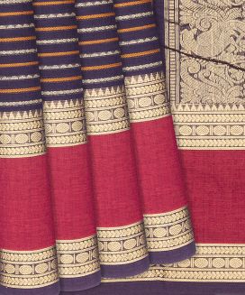 Magenta Handloom Kanchi Cotton Saree With Stripes
