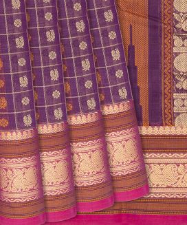 Lilac Handloom Kanchi Cotton Saree With Annam Motif Checks
