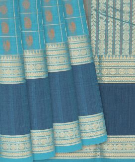 Turquoise Handloom Kanchi Cotton Saree With Annam Motif Checks
