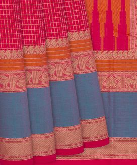 Red Handloom Kanchi Cotton Saree With Dots & Checks
