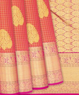 Orange Handloom Kanchipuram Silk Saree With Zari Checks

