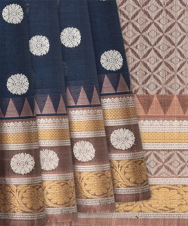 Navy Blue Handloom Chirala Silk Cotton Saree  With Kamalam Motifs
