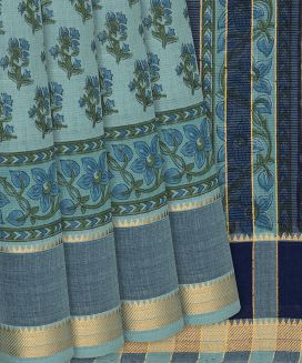 Cyan Mangalagiri Cotton Saree With Printed Floral Motifs
