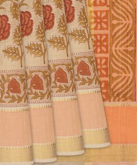 Taupe Mangalagiri Cotton Saree With Printed Floral Motifs
