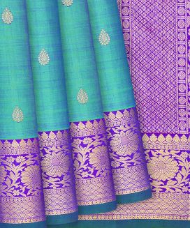 Cyan Handloom Kanchipuram Silk Saree With Floral Buttas
