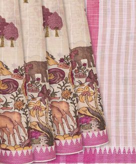 Pink Chirala Cotton Saree With Printed Animal Motifs
