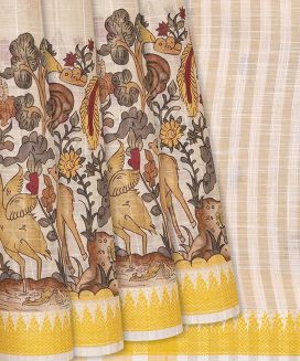 Yellow Chirala Cotton Saree With Printed Animal Motifs
