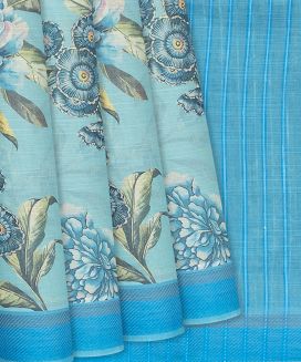 Sky Blue Chirala Cotton Saree With Printed Floral Motifs
