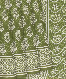 Bonsai Green Jaipur Cotton Saree With Printed Floral Motifs
