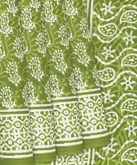Leafy Green Jaipur Cotton Saree With Printed Floral Motifs

