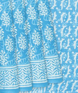 Sky Blue Jaipur Cotton Saree With Printed Floral Motifs
