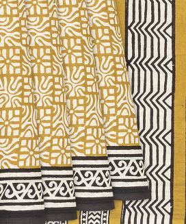 Mustard Jaipur Cotton Saree With Printed Geometric Floral Motifs
