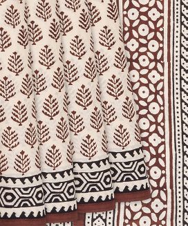 Off White Jaipur Cotton Saree With Printed Brown Floral Motifs
