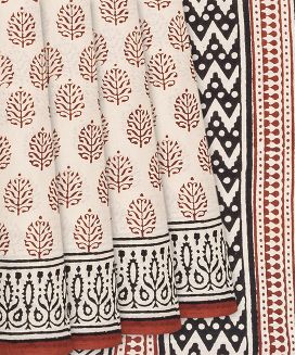 Off White Jaipur Cotton Saree With Printed Crimson Floral Motifs

