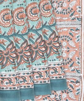 Steel Blue Jaipur Cotton Saree With Printed Floral Motifs
