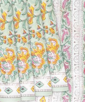 Light Green Jaipur Cotton Saree With Printed Floral Vine Motifs
