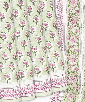 Light Green Jaipur Cotton Saree With Printed Floral Motifs
